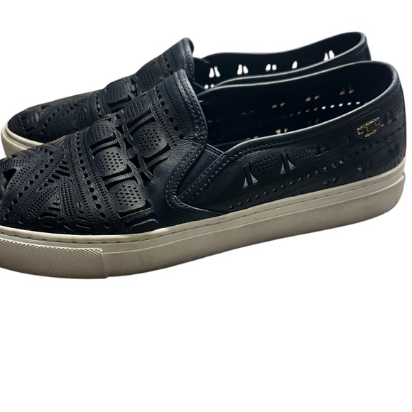 Tory Burch Lennon Dark Navy Blue Slip-On Loafers Lazer Cut Size 10 - Picture 2 of 9